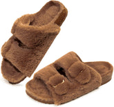 FITORY Womens Open Toe Slipper with Cozy Lining,Faux Rabbit Fur Cork Slide Sandals Size 6-11